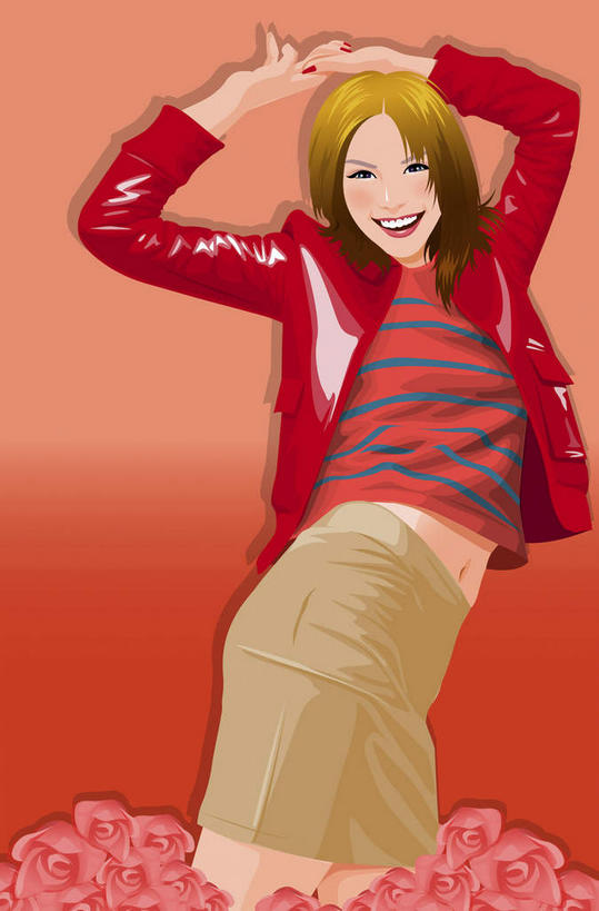 西方人,一个人,无人,站,举,笑,微笑,竖图,插画,室内,白天,正面,数码,科技,欧洲,欧洲人,仅一个年轻女性,仅一个女性,仅一个人,阴影,红色背景,服装,网络,高光,几何,计算机图形,合成,图画,注视,休闲装,画,衣服,黄色,观察,看,托,站着,休闲,休闲服,服饰,观看,电脑合成图,数码合成图,察看,关注,漫画,写实,具体,具象,年轻女性,女人,女性,白种人,举起,举手,举着,向上举,向上伸,向上托,站立,半身,彩图,短发