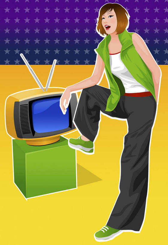西方人,一个人,无人,站,竖图,插画,室内,白天,正面,数码,科技,电视,礼盒,礼物,欧洲,欧洲人,仅一个年轻女性,仅一个女性,仅一个人,阴影,服装,网络,纸盒,高光,几何,计算机图形,合成,图画,休闲装,踩,盒子,画,衣服,绿色,包装盒,礼品盒,踩着,站着,休闲,休闲服,服饰,礼品,电脑合成图,数码合成图,彩电,漫画,写实,具体,具象,彩色电视机,显像管屏,显像管屏幕,年轻女性,女人,女性,白种人,电视机,站立,彩图,全身