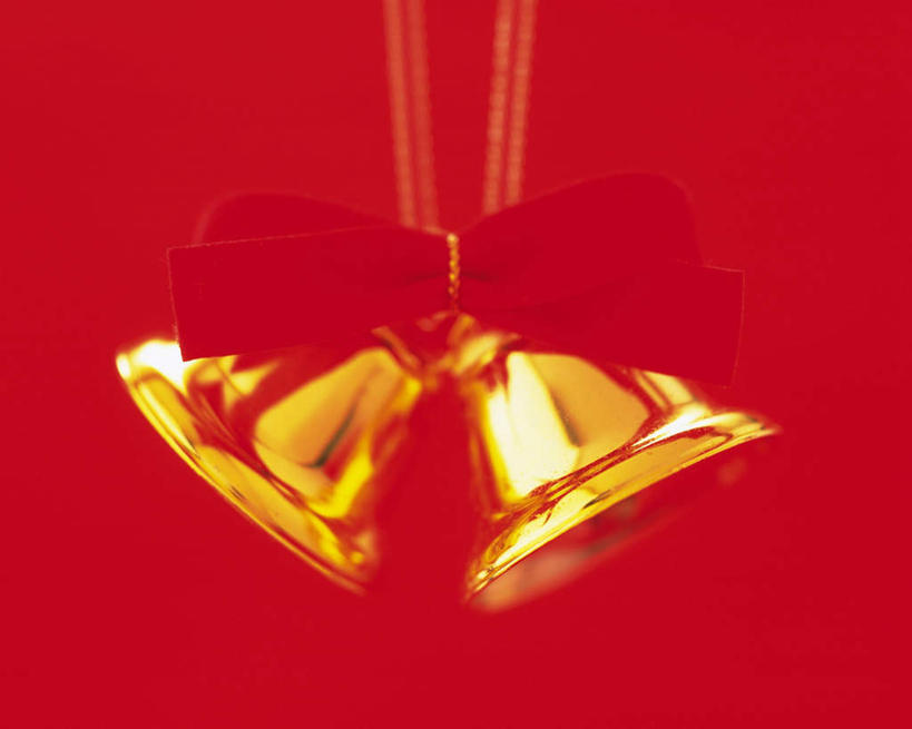 无人,横图,室内,特写,白天,正面,静物,圣诞节,红色背景,节日,朦胧,模糊,庆祝,铃铛,缎带,文化,两个,红色,蝴蝶结,庆典,金色,摄影,影棚,纪念,彩图,影棚拍摄,拍摄