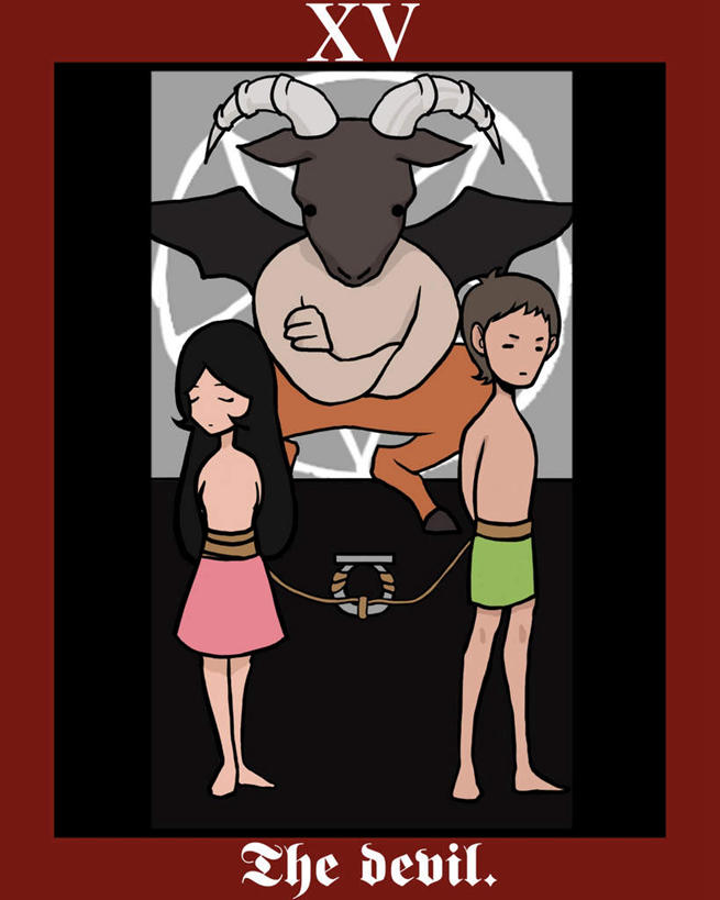 西方人,无人,两个人,站,竖图,插画,室内,白天,正面,民族服装,数码,科技,牛,欧洲,欧洲人,握,阴影,黑色背景,网络,英文,边框,标志,方框,数字,图案,文字,字符,字母,褐色,高光,几何,计算机图形,罗马数字,拿,合成,图像,图画,拿着,注视,标识,裸露,画,画框,一只,动物,卡片,绳子,观察,看,站着,卡通,家畜,可爱,诱惑,背对背,握着,牲畜,活泼,观看,英文字母,绳索,电脑合成图,数码合成图,察看,关注,塔罗牌,占卜,裸,恶魔,漫画,算命,写实,具体,具象,恶鬼,大阿卡那牌,男人,男性,年轻男性,年轻女性,女人,女性,白种人,山羊,站立,彩图,全身,传统服装,民俗服