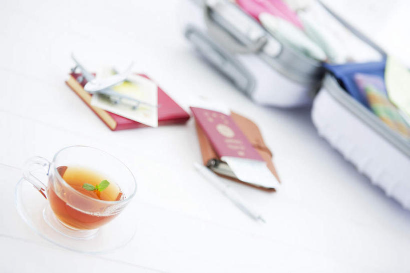 横图,俯视,室内,白天,茶,飞机,杯子,餐具,一本,透明,碟子,拉杆箱,旅行箱,盘,记事本,一杯,航空,一个,红色,白色,本子,笔记本,盘子,模型,水杯,行李箱,箱子,碟,交通工具,花茶,橙色,单个,两本,出差,护照,客机,载具,茶杯,彩图,高角度拍摄,旅行