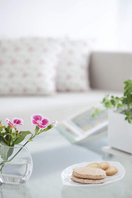 点心,无人,客厅,竖图,室内,特写,白天,正面,餐桌,靠垫,桌子,静物,盛开,食品,靠枕,花蕾,花,花瓣,花朵,鲜花,食物,紫色,垫子,枕头,饼干,零食,花苞,花蕊,餐台,起居室,彩图