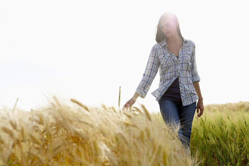 西方人,一个人,农田,走,摸,横图,室外,白天,正面,衬衫,庄稼,农作物,欧洲,欧洲人,仅一个年轻女性,仅一个女性,仅一个人,抚摸,阴影,裤子,光线,方格,格子,影子,麦田,注视,牛仔裤,天空,阳光,天,观察,看,观看,察看,关注,年轻女性,女人,女性,白种人,步行,触摸,接触,散步,走路,半身,彩图,眩光,衬衣,耕地,庄稼田