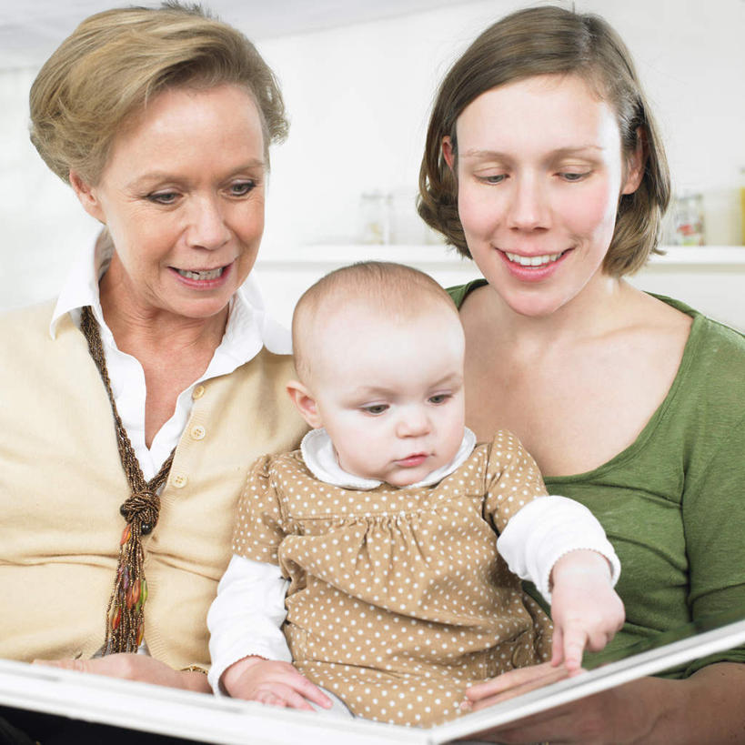 婴儿,儿童,老年人,母亲,儿子,祖母,三代同堂,坐,笑,微笑,露齿笑,方图,室内,白天,正面,婴儿服装,纯洁,书籍,握,指,阴影,服装,反射,影子,墙,拿,拿着,注视,休闲装,方向,祖孙三代,墙壁,墙面,小孩,衣服,绿色,低头,观察,看,手势,休闲,温暖,温馨,母子,休闲服,可爱,母爱,童年,童趣,握着,服饰,奶奶,观看,祖孙,和睦,察看,指向,食指,关注,宝宝,童真,烂漫,无邪,外婆,外祖母,外孙子,天真,老年女性,年轻女性,女人,女性,孩子,年轻人,全家福,孙子,书,图书,坐着,半身,彩图,婴儿服,融洽,多代同堂,妈妈