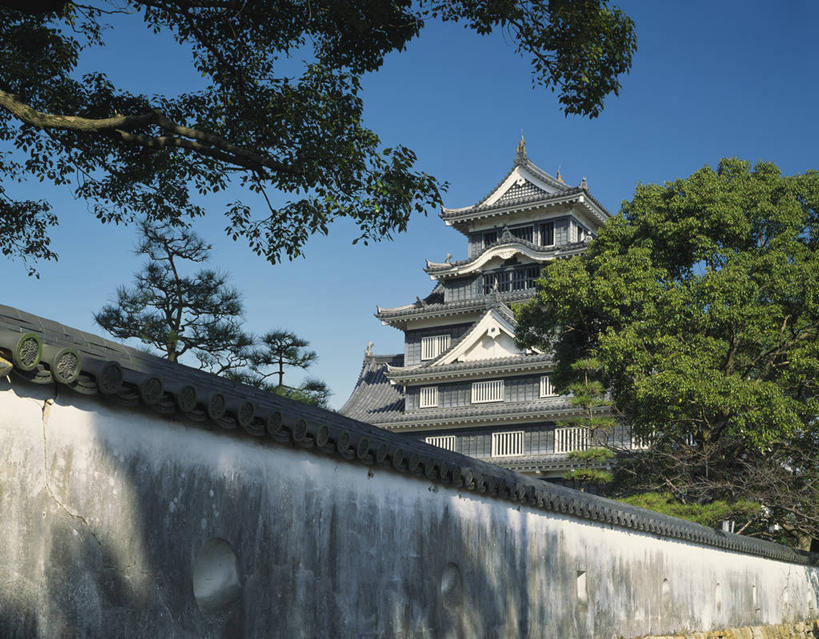 无人,横图,室外,白天,仰视,旅游,度假,名胜古迹,植物,标志建筑,地标,建筑,日本,亚洲,阴影,遗迹,光线,瓦片,影子,堡垒,城堡,墙,屋檐,古迹,文物,娱乐,建设,古建筑,檐,墙壁,墙面,树,树木,蓝色,绿色,灰色,蓝天,天空,阳光,自然,天,享受,休闲,旅游胜地,放松,生长,晴朗,成长,要塞,古文明,东亚,本州,万里无云,本州岛,日本国,中国地方,冈山,冈山县,县厅,冈山市,设防,晴空,晴空万里,彩图,低角度拍摄,乌城,冈山城