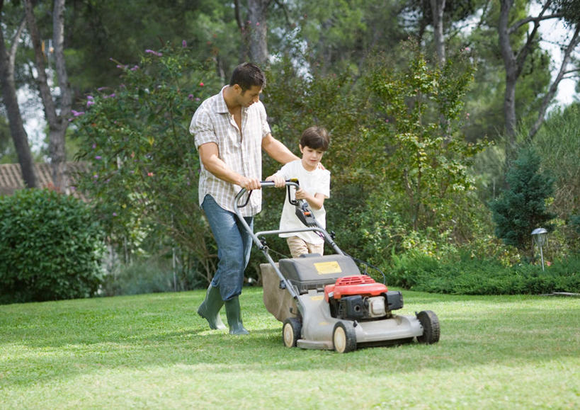 西方人,儿童,两个人,父亲,儿子,站,横图,室外,白天,正面,旅游,度假,纯洁,草地,草坪,植物,欧洲,欧洲人,拿,拿着,娱乐,草,树,树木,绿色,自然,站着,享受,休闲,父子,放松,父爱,可爱,童年,童趣,生长,成长,割草机,童真,烂漫,无邪,天真,男孩,男人,男性,年轻男性,白种人,孩子,站立,彩图,全身