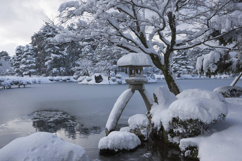 度假,石头,雪,植物,大雪,标志建筑,地标,建筑,日本,亚洲,石子,池塘