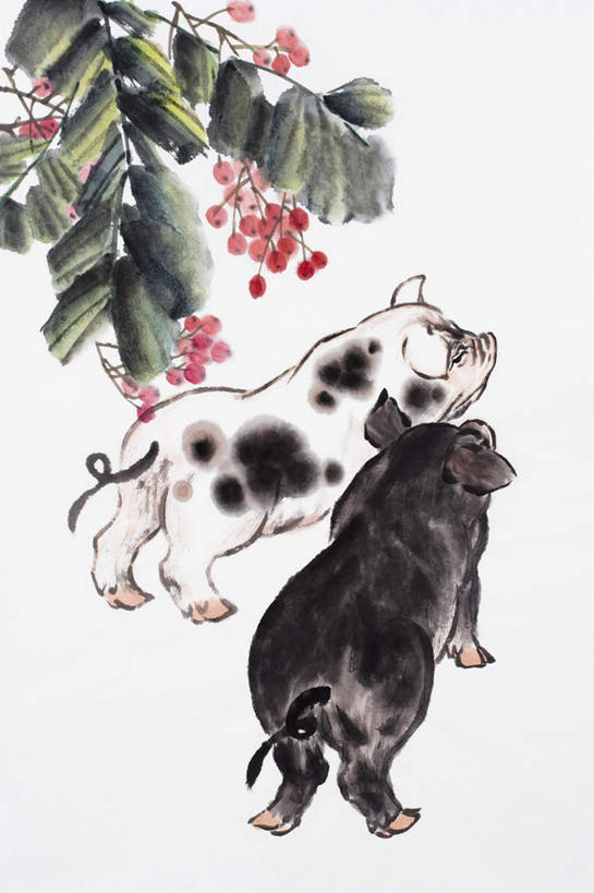 无人,站,竖图,室内,白天,白色背景,正面,绘画,植物,猪,荔枝,水果,叶子,新鲜,艺术,生食,食品,果实,绿叶,枝条,古典,注视,文化,树,树木,树枝,食物,白色,黑色,动物,工艺品,观察,看,品味,站着,两只,嫩叶,家畜,牲畜,有机食品,绿色食品,观看,美术,察看,高雅,关注,国画,水墨画,美学,水墨,虬枝,枝杈,叶,叶片,离枝,站立,彩图,全身