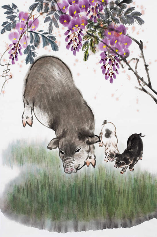 无人,站,竖图,室内,白天,正面,绘画,草地,草坪,植物,猪,叶子,三只,艺术,盛开,绿叶,枝条,古典,花蕾,注视,文化,草,花,花瓣,花朵,鲜花,树,树木,树枝,绿色,动物,工艺品,花苞,花蕊,观察,看,品味,站着,嫩叶,家畜,牲畜,观看,美术,察看,高雅,关注,国画,水墨画,美学,水墨,虬枝,枝杈,叶,叶片,站立,彩图,全身