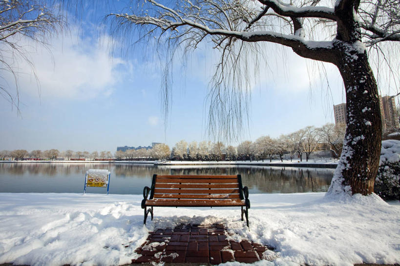 无人,公园,横图,室外,白天,湖,美景,雪,柳树,椅子,北京,中国,亚洲,覆盖,长椅,池塘,景观,云,冬天,垂柳,树,蓝色,风景,天空,自然,景色,寒冷,冷,摄影,宁静,自然风光,东亚,朝阳区,彩图,红领巾公园