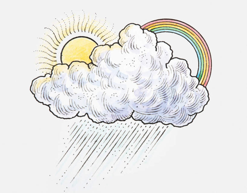 横图,室内,白天,白色背景,正面,绘画,彩虹,太阳,雨,暴雨,大雨,艺术,云