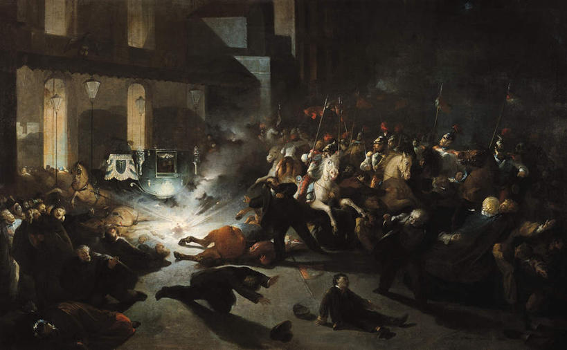 西方人,无人,横图,室内,夜晚,正面,绘画,热情,爆炸,安全,竞争,马,野生动物,火,帽子,油画,欧洲,欧洲人,许多,士兵,对抗,骑马,艺术,冲突,火焰,盔甲,头盔,墙,防护,许多人,古典,燃烧,扭头,注视,破坏,文化,墙壁,墙面,骑,动物,安全帽,工艺品,观察,看,品味,转头,一群人,武器,战争,运输,牲畜,观看,保护,美术,损坏,察看,高雅,攻击,威胁,对立,关注,矛盾,兵器,保险,防御,矛,铠甲,美学,敌对,挫败,斗争,抗拒,抗衡,杀伤,威慑,防具,防卫,兵士,逃跑,遁,平安,危险,男人,男性,中年男性,白种人,半身,彩图,甲胄