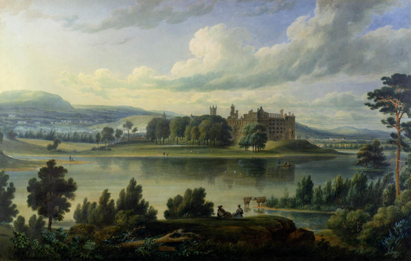 无人,宫殿,横图,室内,白天,正面,旅游,度假,绘画,湖,湖泊,美景,树林,水,植物,油画,英国,欧洲,阴影,艺术,光线,影子,湖面,景观,水流,水面,云,云朵,古典,云彩,文化,娱乐,苏格兰,树,树木,蓝色,绿色,白云,蓝天,天空,自然,工艺品,湖水,天,品味,享受,休闲,景色,放松,生长,晴朗,成长,美术,高雅,西欧,自然风光,大不列颠,大不列颠及北爱尔兰联合王国,美学,大不列颠联合王国,日不落英帝国,苏格兰王国,西洛锡安,林利思哥宫,林利斯戈宫,晴空,彩图