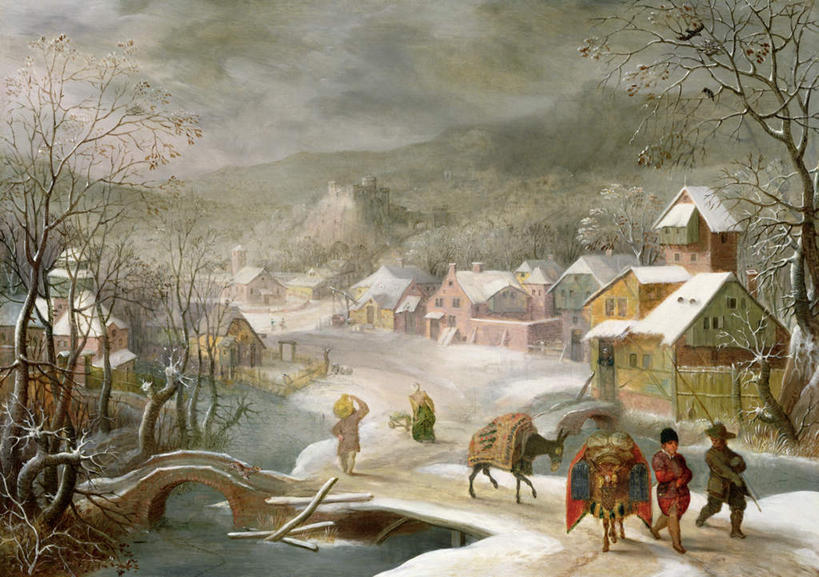 西方人,三个人,家,横图,室内,白天,正面,绘画,河流,水,雪,植物,大雪,油画,欧洲,欧洲人,艺术,房屋,屋子,河水,积雪,水流,雪景,冬季,冬天,枝条,古典,文化,楼房,住宅,树,树木,树枝,蓝色,蓝天,天空,动物,工艺品,天,品味,家畜,寒冷,牲畜,晴朗,美术,高雅,驴,万里无云,美学,严寒,驴子,虬枝,枝杈,男人,男性,年轻男性,白种人,晴空,晴空万里,彩图,全身,房子