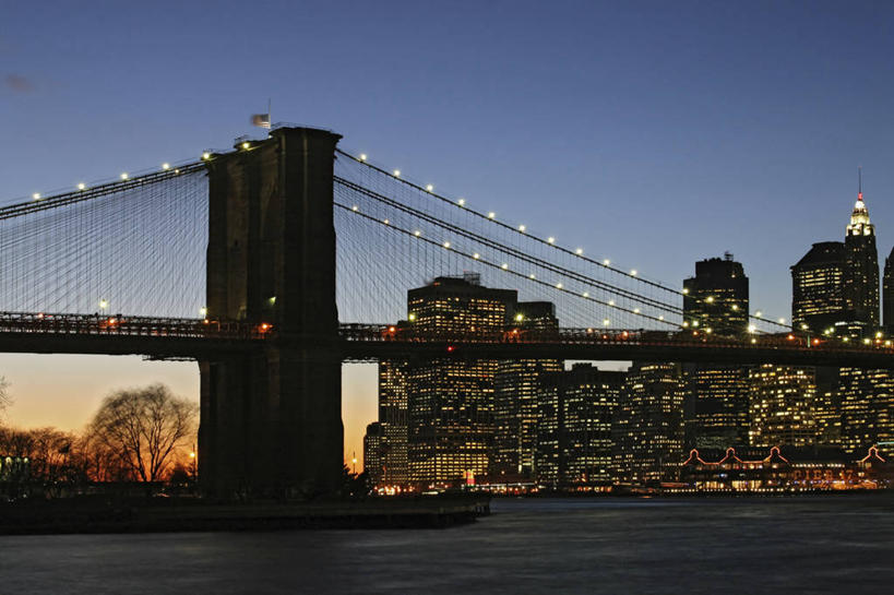 无人,横图,室外,夜晚,城市,建筑,摩天大楼,纽约,美国,摄影,吊桥,剪影,布鲁克林桥,彩图,旅行,东河