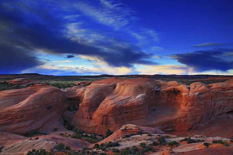 无人,横图,室外,白天,石头,日落,沙漠,云,黄昏,摄影,岩层,拱门国家公园,犹他,岩石,彩图