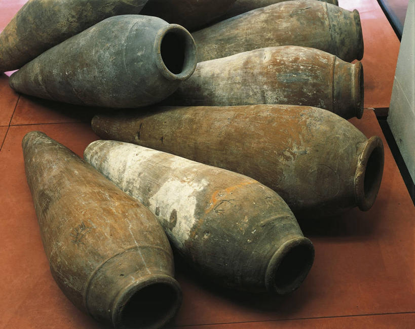 无人,横图,俯视,陶瓷制品,古代,工艺品,摄影,古埃及文明,古代文明,彩图,高角度拍摄,影棚拍摄,双耳罐