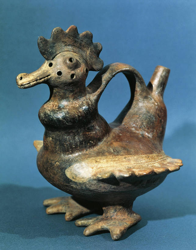 无人,竖图,蓝色背景,鸟类,褐色,陶瓷制品,一个,容器,摄影,单个,古代文明,美术工艺,公鸡,彩图,影棚拍摄