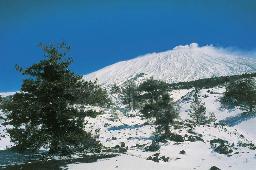 无人,横图,室外,白天,仰视,火山,山,雪,雪山,植物,意大利,欧洲,山顶,宏伟,图像,树,蓝色,风景,天空,自然,概念,摄影,宁静,西西里,地中海文化,南欧,主题,野地,视角,意大利文化,地貌,万里无云,埃特纳火山,陶尔米纳,构图,活火山,彩图,低角度拍摄,旅行,时空,传统文化