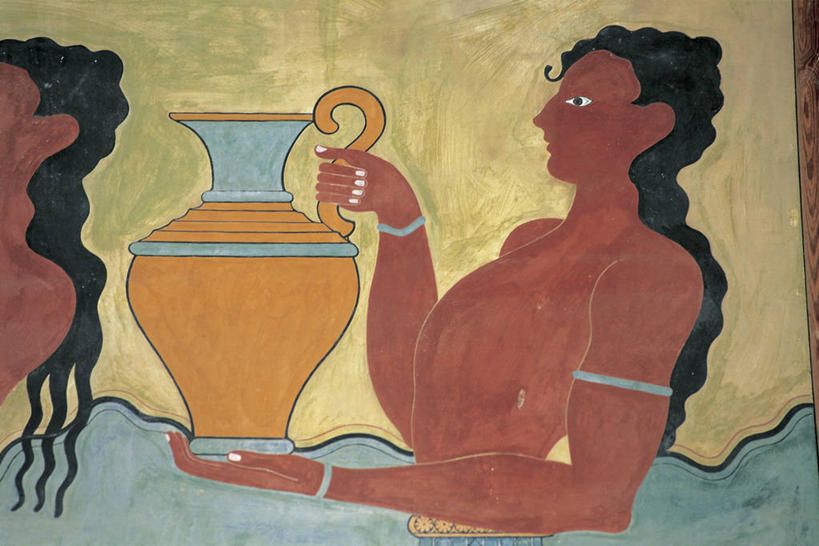 两个人,宫殿,横图,室外,特写,白天,希腊,欧洲,围墙,历史,壁画,水壶,摄影,部分,创造力,地中海文化,希腊文化,克里特岛,古希腊,古代文明,克诺塞斯,彩图,过去