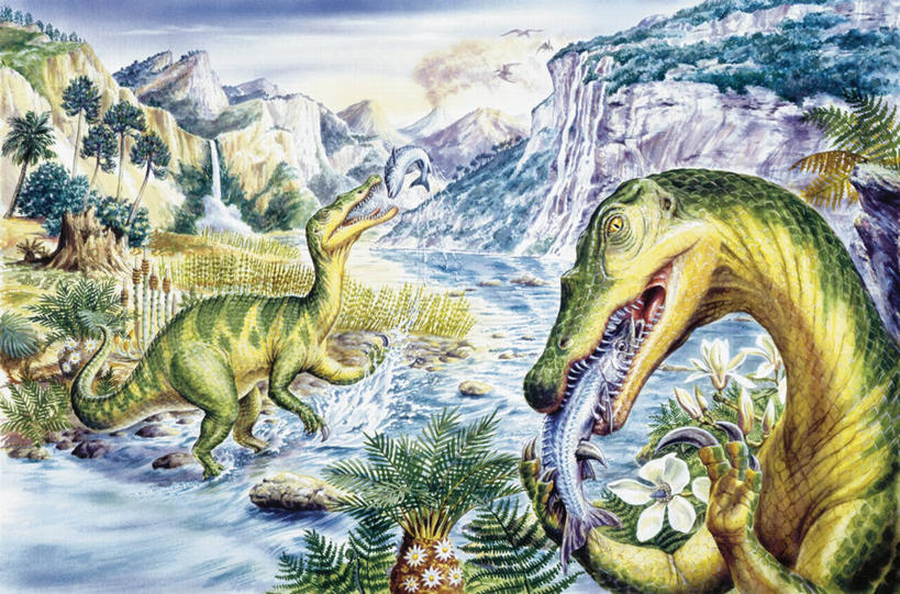 无人,横图,室外,白天,河流,瀑布,山,野生动物,流水,悬崖,鱼类,自然,动物,两只,恐龙,环境,重爪龙,喂养,古代史,地质学,史前时代,自然地理,彩图,白垩系,过去,古生物学