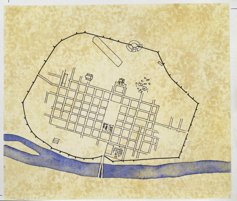 无人,横图,竖图,俯视,航拍,插画,数码,科技,河流,建筑,地图,相框,德国,阴影,网络,高光,几何,计算机图形,合成,图画,历史,古罗马,画,电脑合成图,数码合成图,合成图,鸟瞰,漫画,写实,具体,具象,古代文明,特里尔,彩图,高角度拍摄,过去