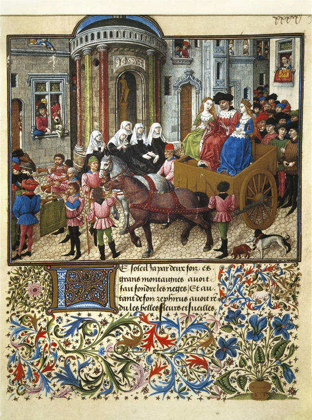 成年人,坐,竖图,室外,白天,路,宠物,狗,马,表演,花纹,小的,柱子,拱门,乐器,小号,许多人,拿着,手势,一群人,家畜,战车,特修斯,男人,女人,书,彩图,打手势