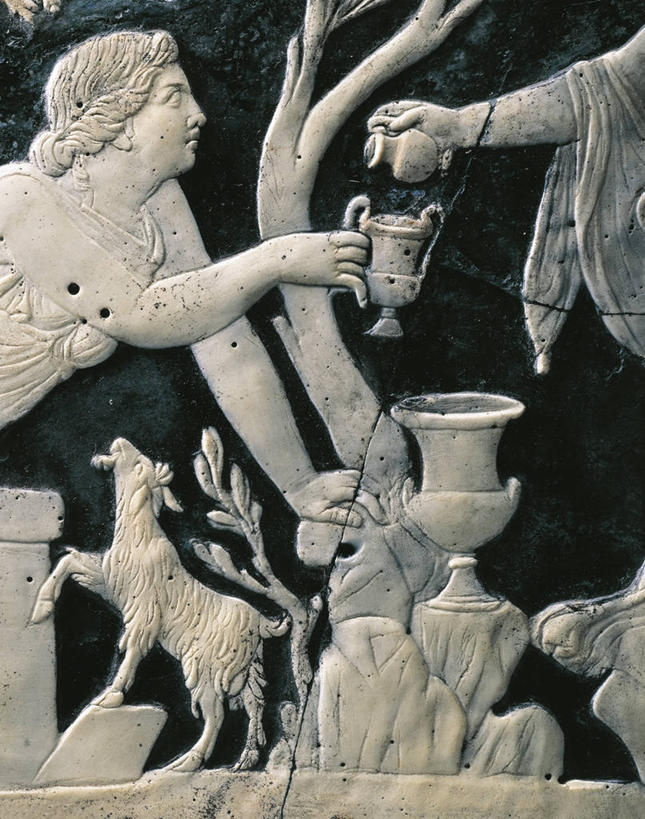 成年人,两个人,站,竖图,室外,特写,侧面,倒,神话,长袍,杯,拿着,历史,破坏,古罗马,破损,水壶,树,古代,家畜,摄影,宗教,损坏,意大利文化,古希腊,庞贝,古代文明,美术工艺,阿里阿德涅,男人,女人,山羊,半身,彩图,传统服装,过去