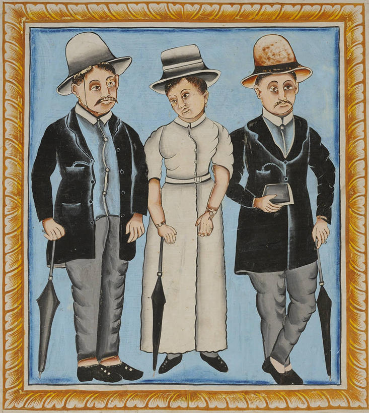 无人,三个人,站,笑,微笑,竖图,室外,白天,正面,民族服装,绘画,帽子,相框,印度,亚洲,握,艺术,装饰,边框,伞,雨伞,墙,注视,礼帽,文化,阳伞,壁画,墙壁,墙面,观察,看,站着,握着,观看,华丽,修饰,点缀,察看,关注,南亚,拉贾斯坦邦,拉贾斯坦,印度共和国,衬托,美观,雅致,雅观,男人,男性,年轻男性,年轻女性,女人,女性,亚洲人,印度人,画画,站立,彩图,全身,传统服装,民俗服,曼达瓦