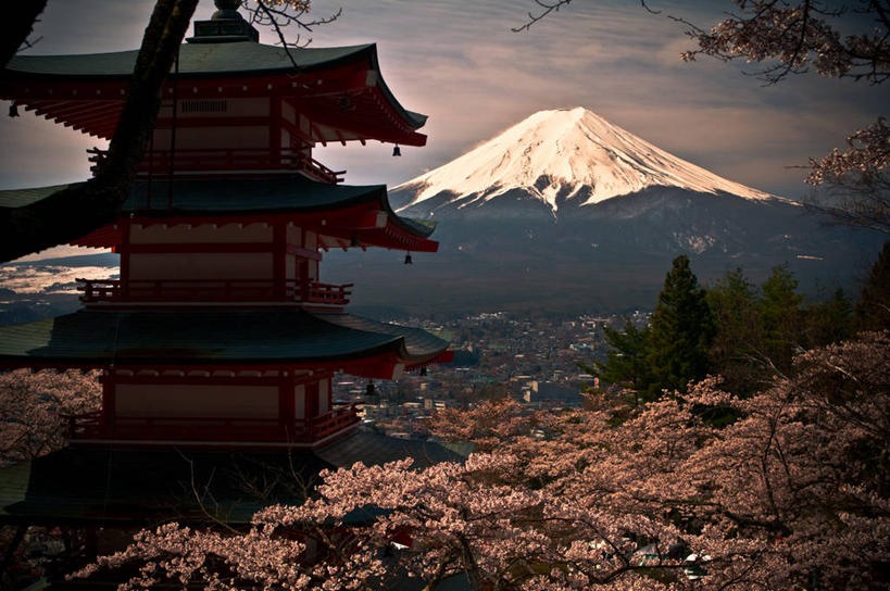无人,横图,室外,山,建筑,樱花,富士山,日本,日本文化,风景,天空,黄昏,地标建筑,摄影,改变,彩图