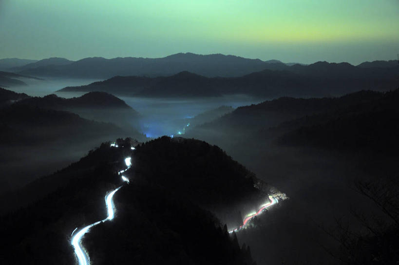 无人,横图,室外,长时间曝光,神秘,美景,日本,景观,交通,山谷,宏伟,绿色,风景,天空,自然,黄昏,景色,摄影,宁静,照亮,自然风光,滋贺县,自然地理,北极光,彩图