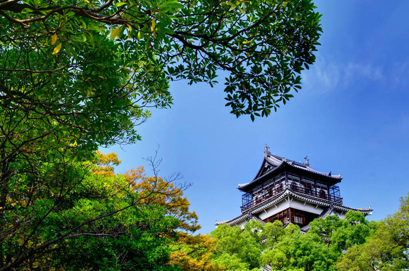 无人,横图,室外,白天,仰视,建筑,广岛县,日本,日本文化,城堡,屋顶,云,历史,树,天空,自然,摄影,宁静,彩图,低角度拍摄