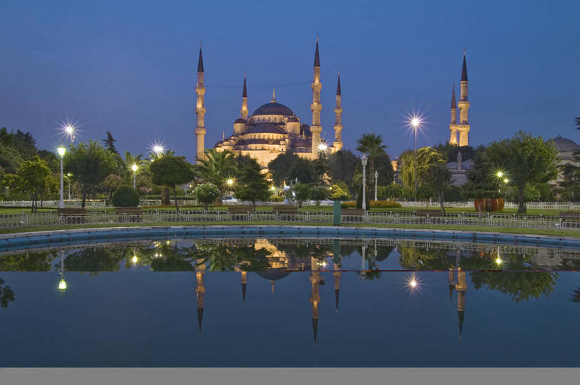 无人,横图,室外,建筑,路灯,欧洲,反射,历史,天空,黄昏,摄影,照亮,尖塔,伊斯兰教,清真寺,伊斯坦布尔,蓝色清真寺,死水,彩图