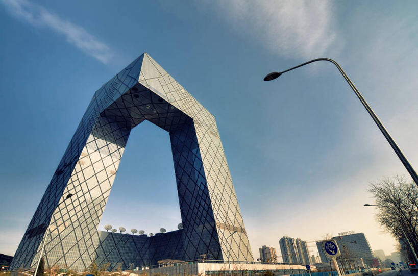 无人,横图,室外,白天,仰视,城市,建筑,路灯,北京,云,首都,现代,天空,摄影,电视台,北京市,金融区,彩图,低角度拍摄,中华人民共和国国家电视台,中央电视台