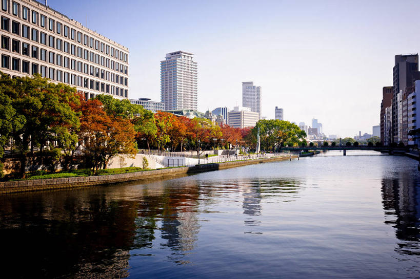 无人,横图,室外,白天,河流,建筑,日本,日本文化,反射,树,天空,摄影,宁静,大阪府,秋天,彩图