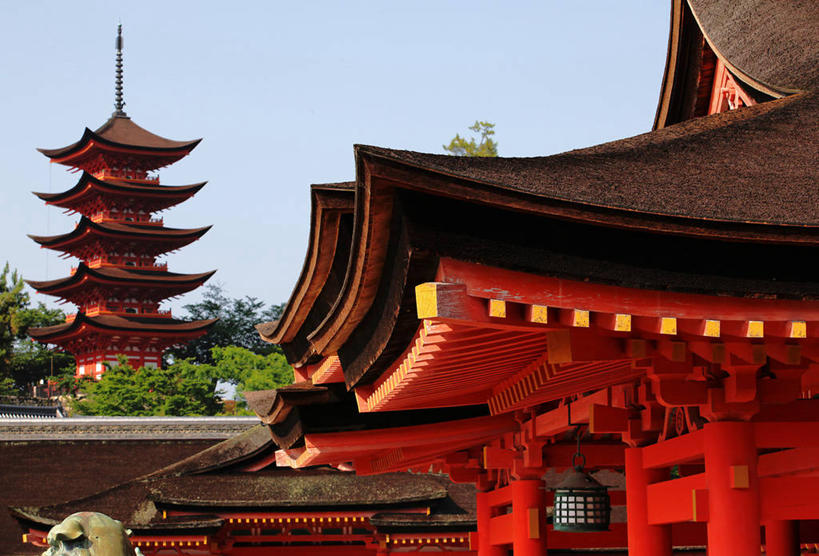 无人,横图,室外,白天,建筑,广岛县,日本,日本文化,屋顶,历史,宝塔,红色,地标建筑,摄影,佛教,万里无云,严岛神社,彩图,宫屿