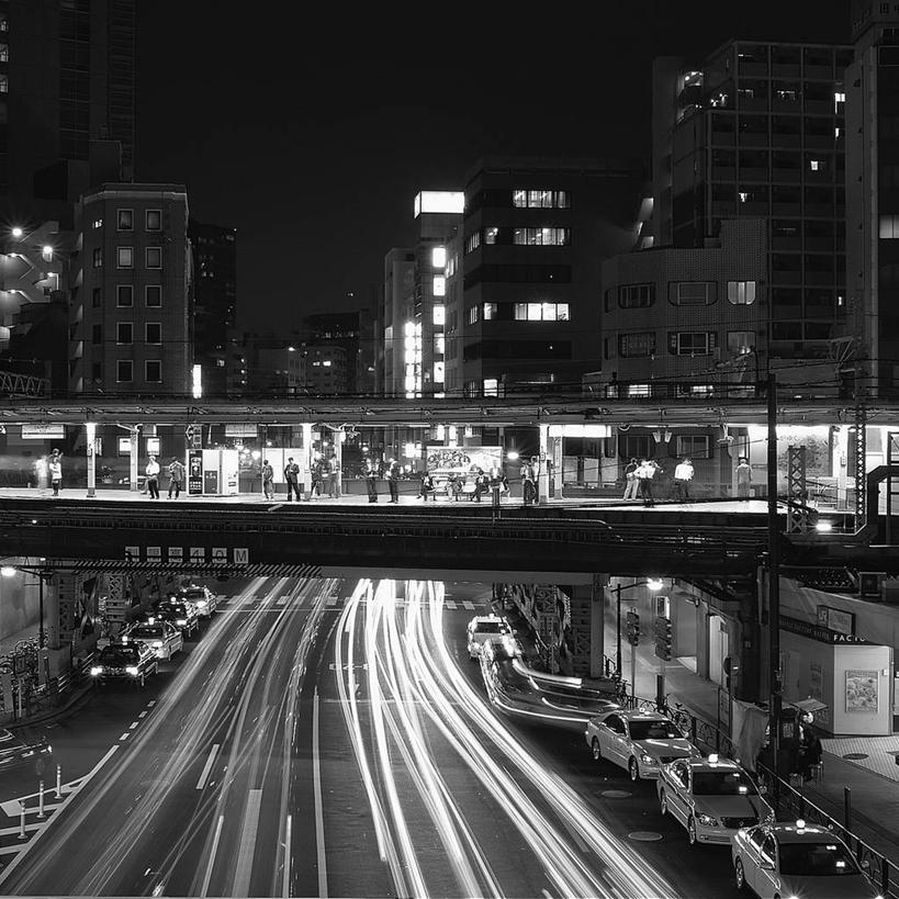 方图,黑白,室外,夜晚,长时间曝光,城市,道路,建筑,路,摩天大楼,公路,汽车,东京,日本,桥,交通,首都,联系,现代,运输,摄影,迅速,照亮,千叶,马路