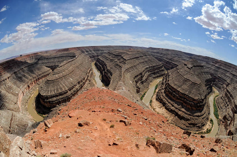无人,横图,俯视,室外,白天,鱼眼镜头,河流,美国,悬崖,云,风景,天空,自然,摄影,鹅颈州立公园,圣胡安河,犹他,自然地理,岩石,彩图,高角度拍摄