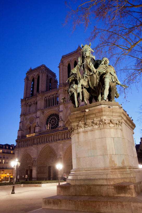 无人,教堂,竖图,室外,夜晚,仰视,建筑,路灯,法国,巴黎,巴黎圣母院,雕像,首都,历史,树,摄影,宗教,照亮,基督教,法国文化,彩图,低角度拍摄