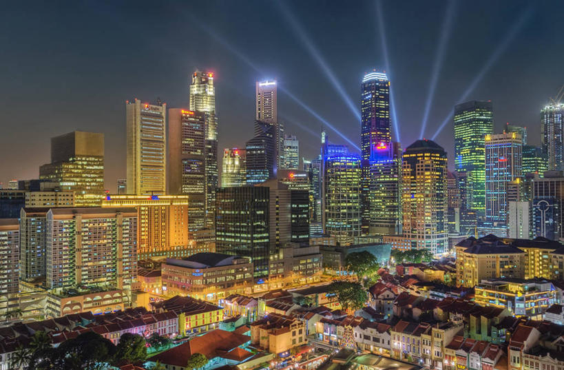 无人,横图,俯视,室外,夜晚,激光,天际线,城市,建筑,摩天大楼,新加坡,庆祝,唐人街,现代,天空,地标建筑,摄影,发展,金融区,彩图,高角度拍摄