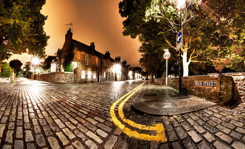 无人,横图,室外,道路,街道,路,公路,英国,人行道,交通,树,黄昏,摄影,照亮,交通标志,阿伯丁,马路,大学