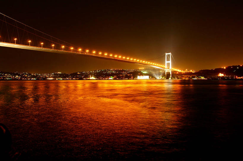 无人,横图,室外,夜晚,海洋,河流,水,城市,建筑,欧洲,反射,流水,桥,光亮,联系,运输,摄影,吊桥,照亮,中东,伊斯坦布尔,博斯普鲁斯大桥,旅行,长度
