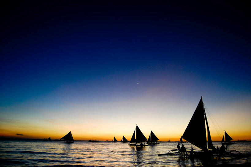 横图,室外,海洋,美景,水,船,菲律宾,反射,景观,风景,天空,自然,黄昏,景色,运输,摄影,自然风光,剪影,逆光,万里无云,长滩岛,海滩,旅行