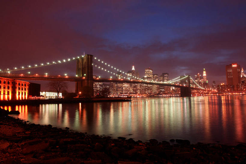 无人,横图,室外,夜晚,河流,城市,建筑,纽约,美国,反射,桥,曼哈顿,光亮,联系,哈德逊河,地标建筑,摄影,吊桥,照亮,纽约州,布鲁克林桥,旅行