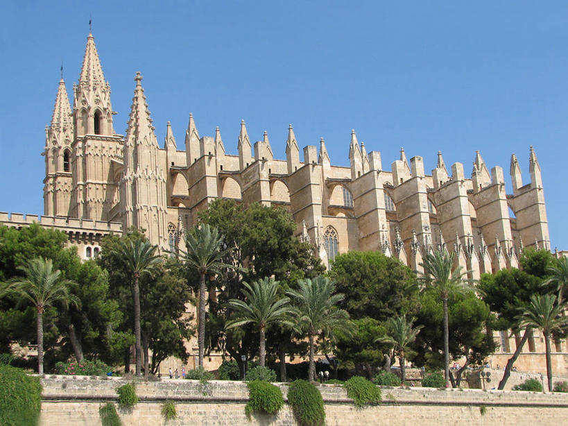 无人,横图,室外,仰视,建筑,棕榈树,西班牙,尖顶,地标建筑,摄影,宗教,哥特式风格,万里无云,帕尔马,马略卡,彩图,低角度拍摄,大教堂