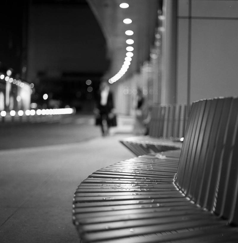 竖图,黑白,室外,夜晚,上海,一排,整齐,长椅,灯,排列,办公大楼,摄影,照亮,队列,步行