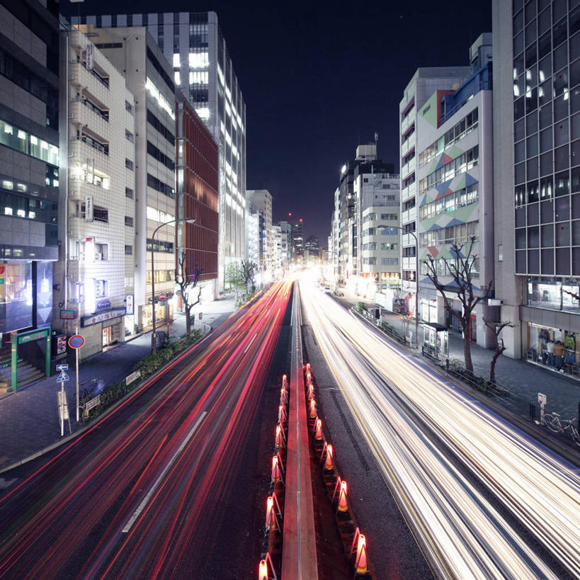 无人,方图,俯视,室外,夜晚,长时间曝光,城市,建筑,路,东京,日本,首都,现代,天空,运输,摄影,尾灯,迅速,照亮,彩图,高角度拍摄