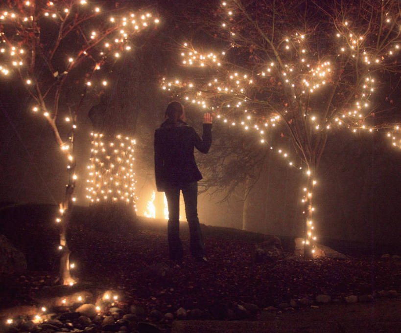 一个人,站,横图,室外,白天,夜晚,神秘,雾,照明,美国,圣诞节,朦胧,模糊,彩灯,冬天,灯光,圣诞树,灯,灯具,摄影,花灯,照亮,照明设备,剪影,圣诞灯,彩图,独处