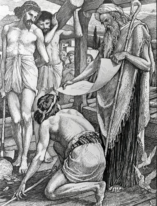 四个人,竖图,黑白,插画,室外,白天,数码,科技,阴影,网络,长袍,高光,几何,计算机图形,合成,图画,拿着,画,电脑合成图,数码合成图,基督教,合成图,漫画,写实,具体,具象,旧约,美术工艺,方舟