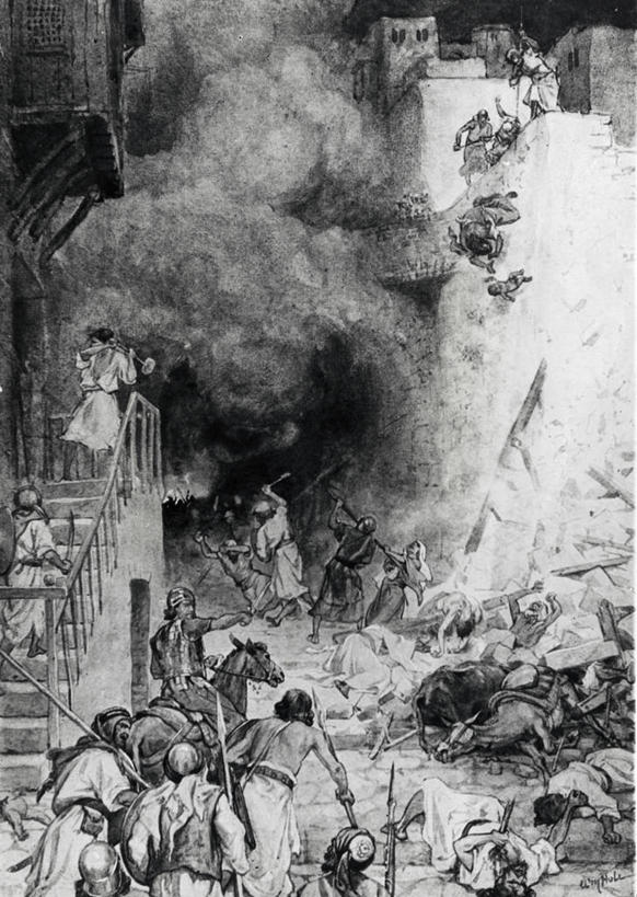 成年人,竖图,黑白,插画,室外,白天,数码,科技,建筑,马,阴影,网络,围墙,许多人,高光,几何,计算机图形,合成,图画,画,一群人,烟,落下,死亡,电脑合成图,数码合成图,基督教,合成图,毁灭,进攻,漫画,写实,具体,具象,旧约,耶利哥